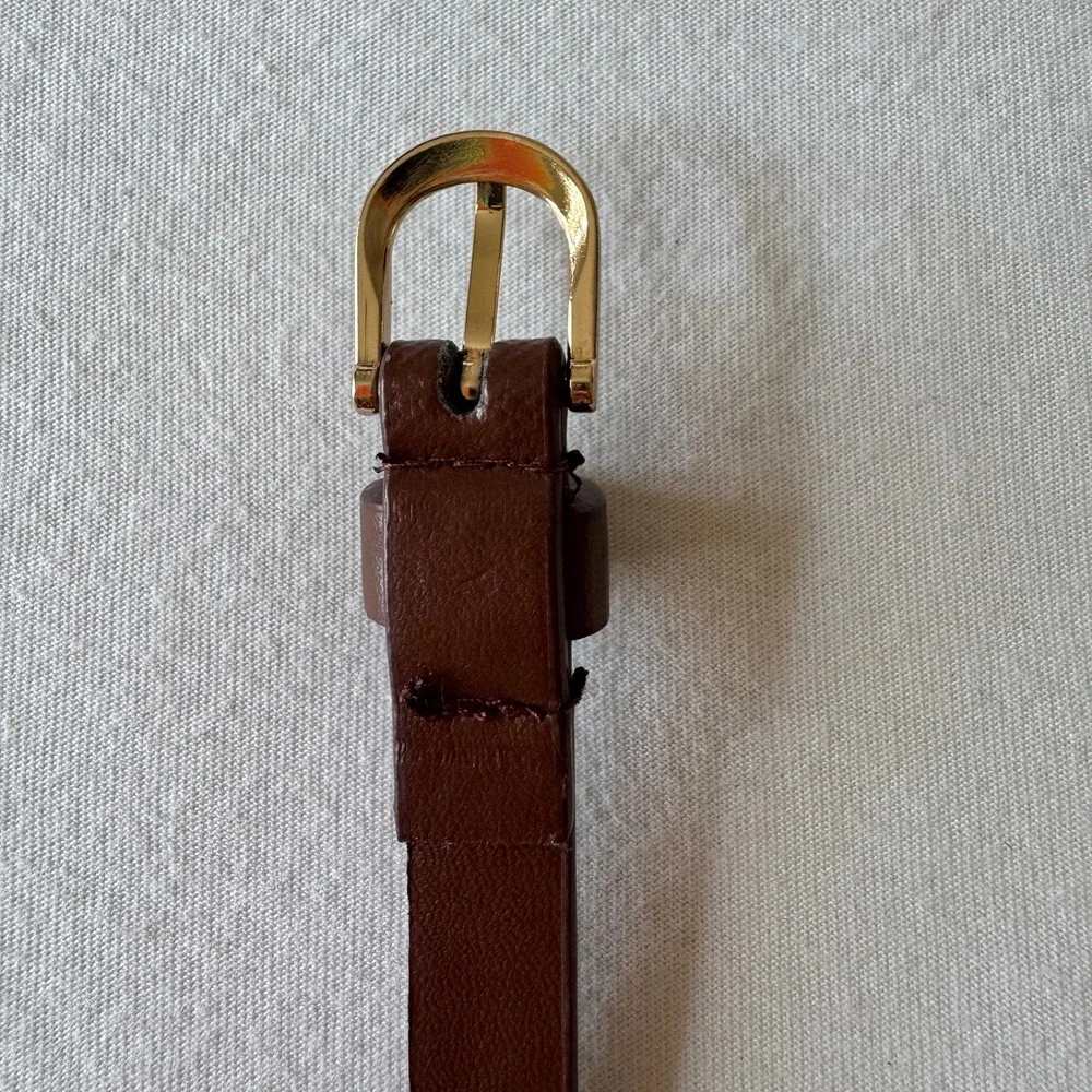 Brown Faux Leather Skinny Studded Belt Gold Horseshoe Buckle Slim Waist Belt
